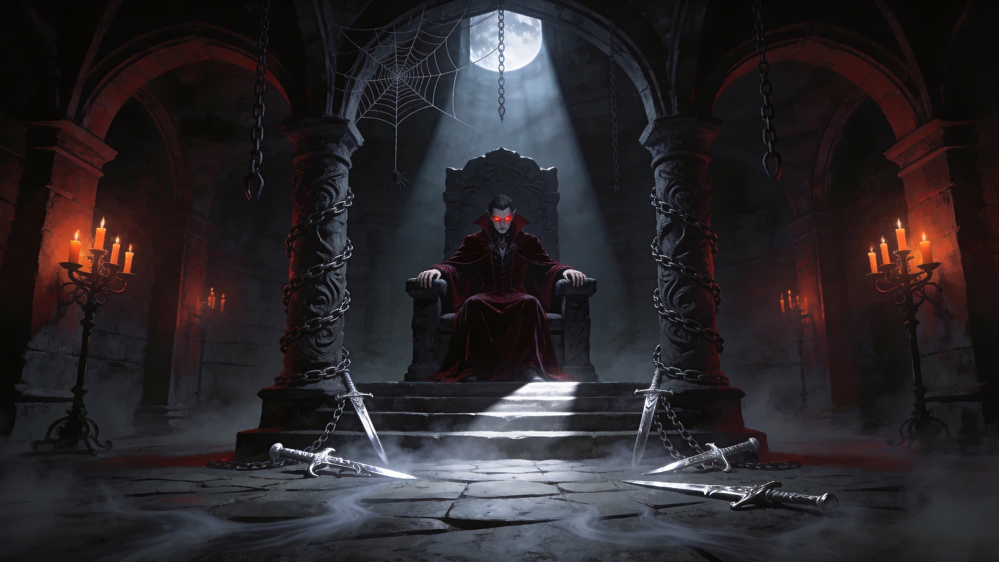 A vampire lord seated on a throne in a torch-lit crypt — key art for the Dawnwalker boss guides.
