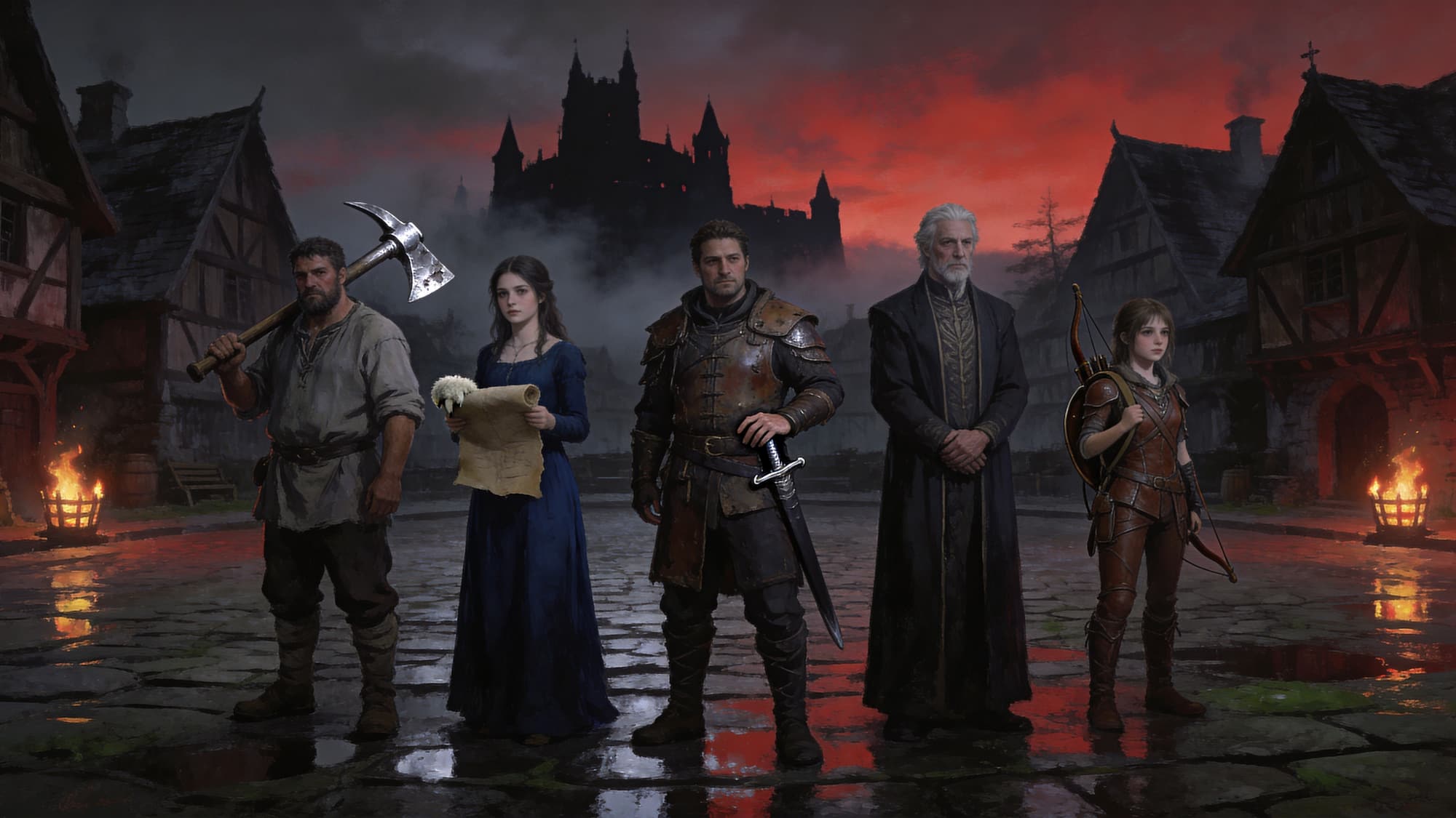 A group of Dawnwalker characters standing together in dark fantasy attire — key art for the character guide.