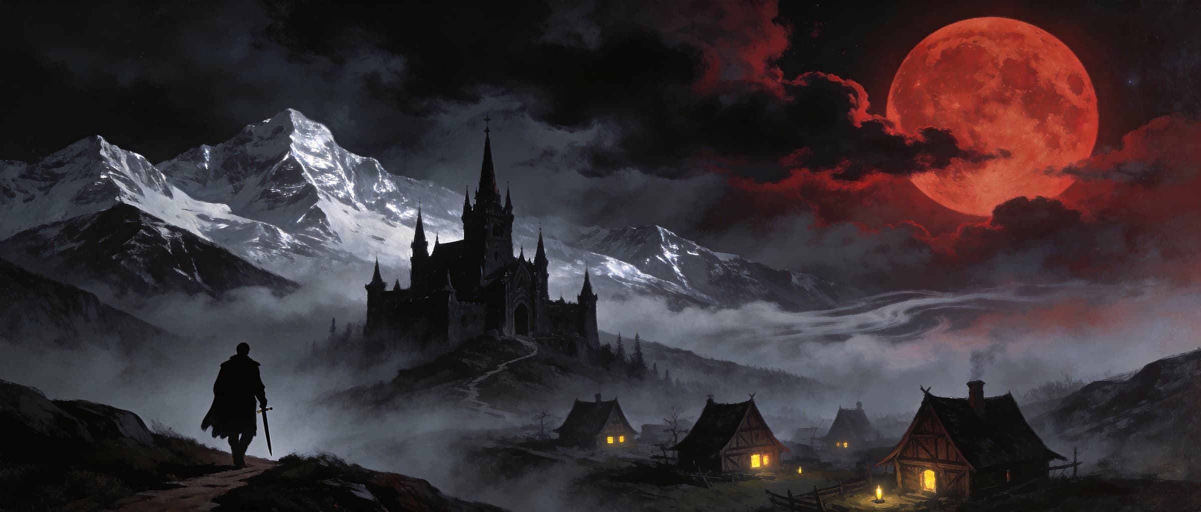 A cloaked vampire hunter walks toward a gothic castle under a blood-red moon in a misty mountain valley — key art for The Blood of Dawnwalker.